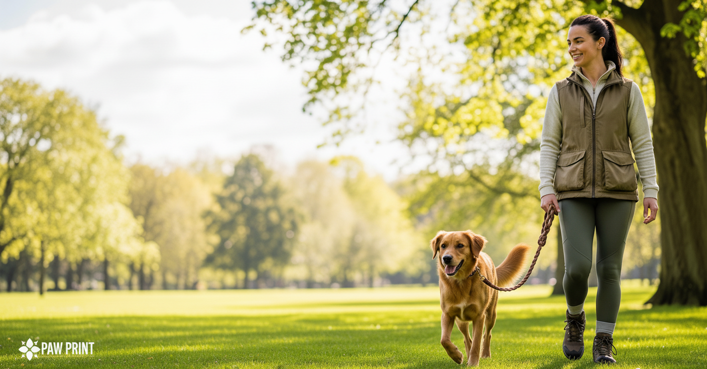 Professional dog walker with golden retriever in park setting for First Choice Dog Walking